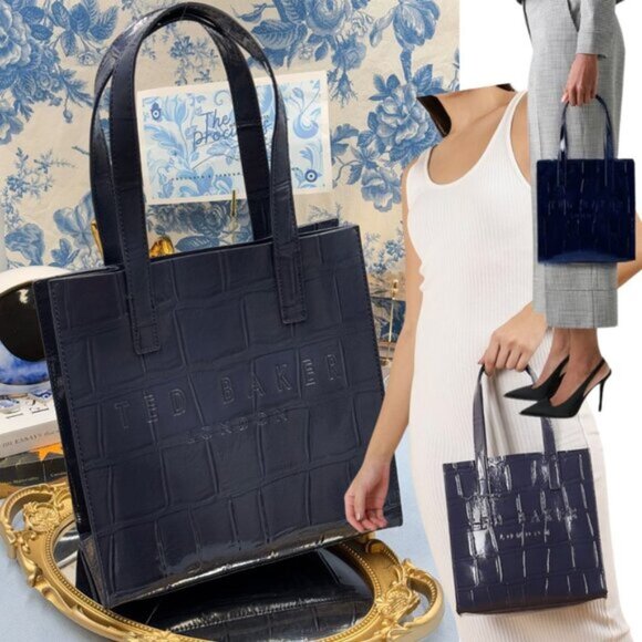 🆕 TED BAKER 🧿 NWOT REPTCON Navy Croc-Embossed Small Icon Tote Bag - Picture 1 of 15